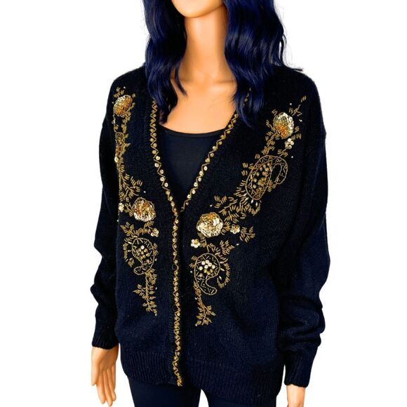 Vintage Alfred Dunner Gold Black Sequin Embroidered Sweater Cardigan Medium - Picture 3 of 6